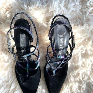Vera Cruz design shoes black fabric t-strapped sequined dress heels  SZ  6.5 M